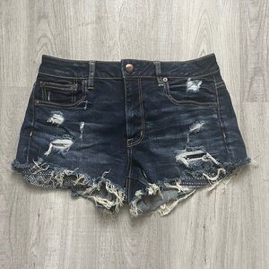 American Eagle High Rise Ripped Dark Blue Jean Shorts